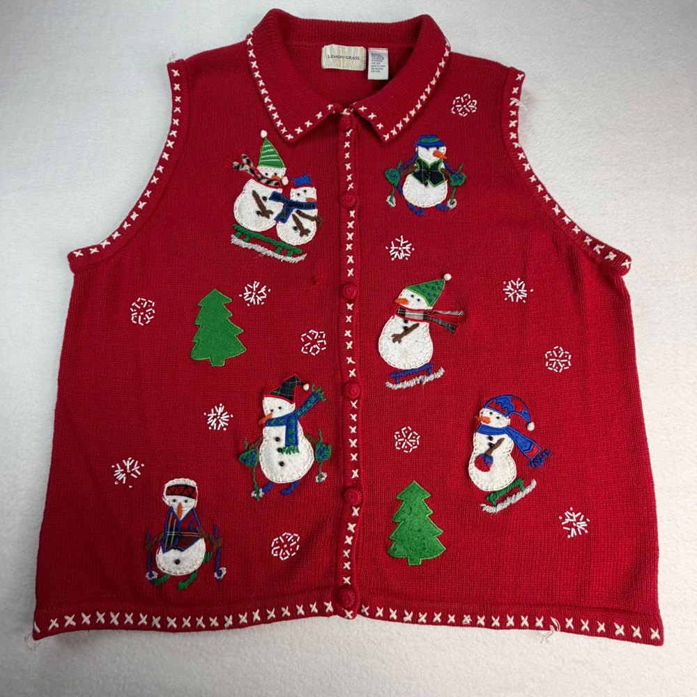 VTG Womens 2X Red Snowman Embroidered Ugly Christmas Sweater Vest Holiday Winter
